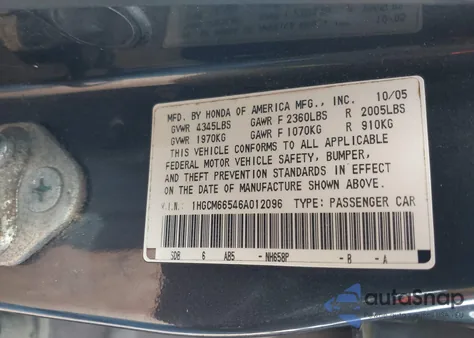2006 Honda Accord 3.0 Ex from USA, damaged, VIN 1HGCM66546A012096